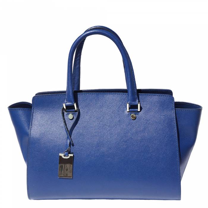 A blue leather handbag with golden metal hardware and a decorative tag on one of the handles.