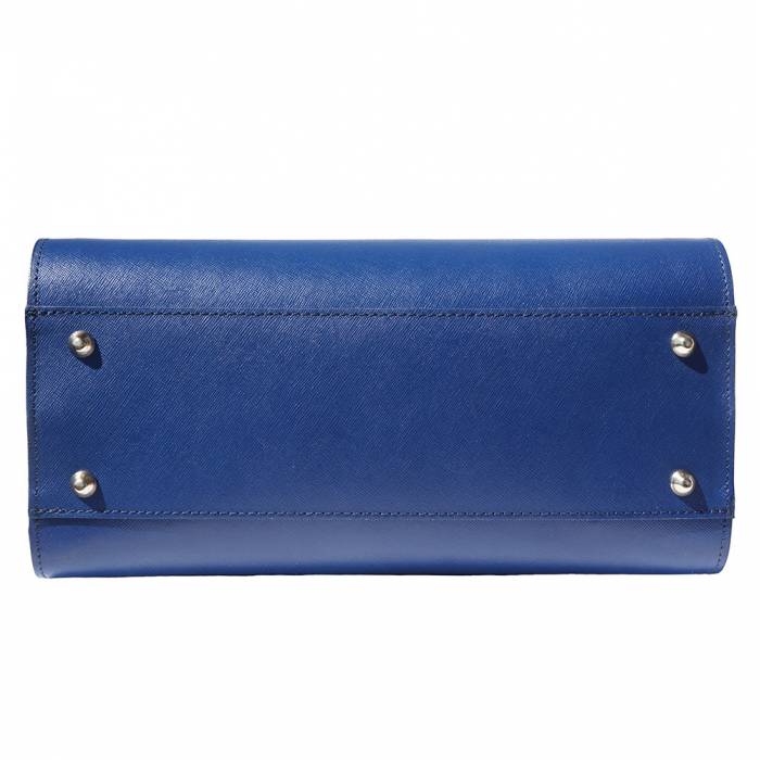 A blue leather handbag with golden metal hardware and a decorative tag on one of the handles.