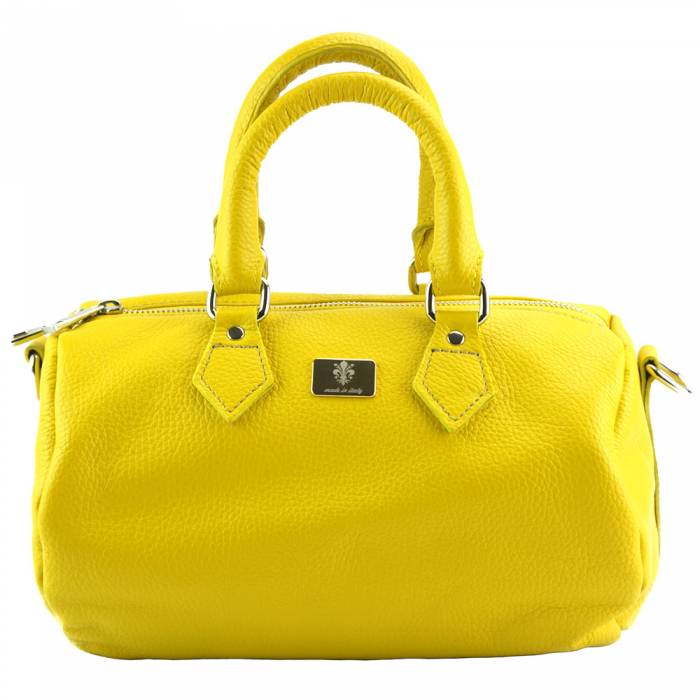 A yellow leather shoulder bag with a zipper closure, handles and a shoulder strap.