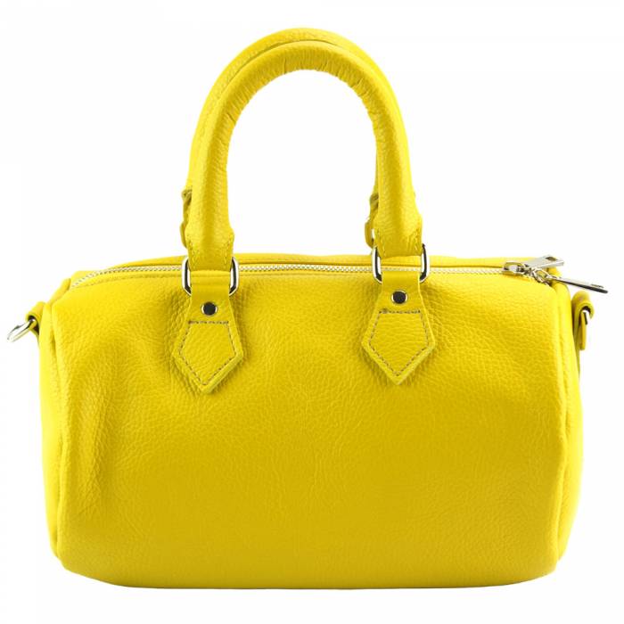 A yellow leather shoulder bag with a zipper closure, handles and a shoulder strap.