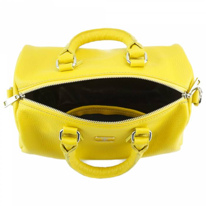 A yellow leather shoulder bag with a zipper closure, handles and a shoulder strap.
