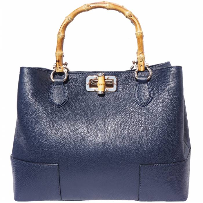 A green Fabrizia leather handbag with bamboo handles and a turn-lock closure.