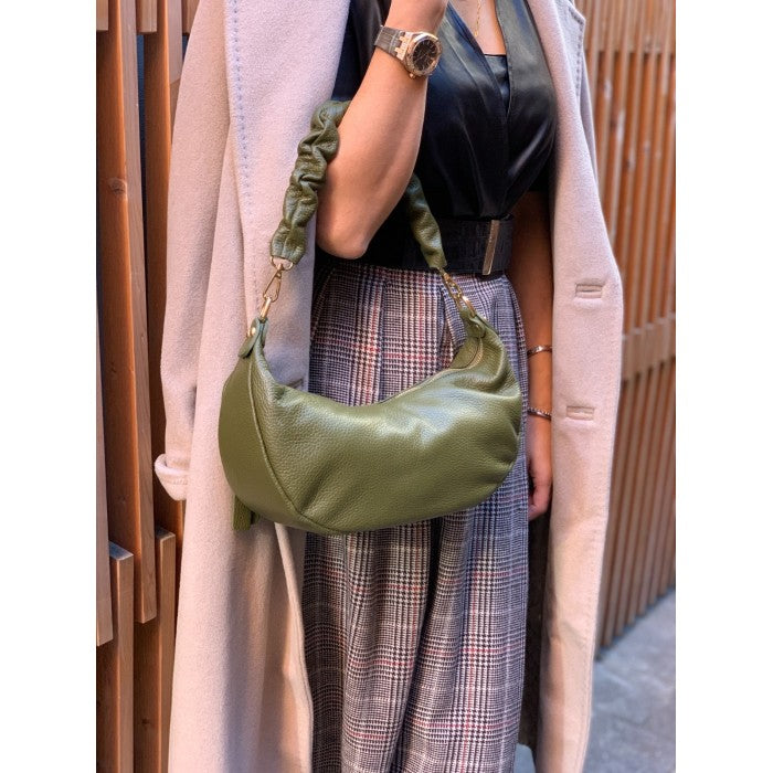 A green Tara Small Hobo leather handbag with a single handle and adjustable shoulder strap.