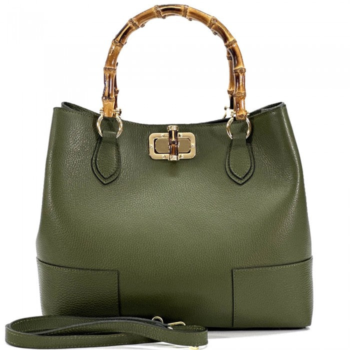 A green Fabrizia leather handbag with bamboo handles and a turn-lock closure.