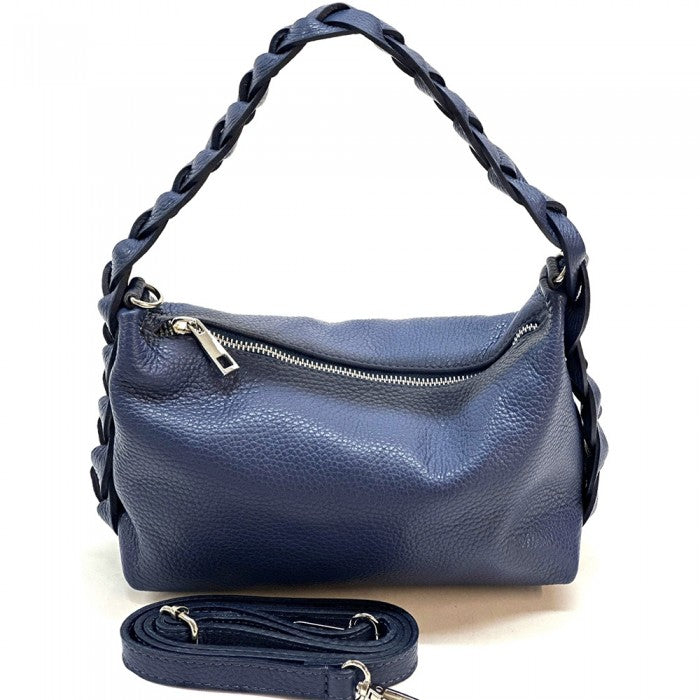A blue crescent-shaped leather handbag with a single handle and a zipper closure.