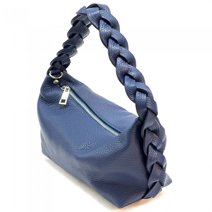 A blue crescent-shaped leather handbag with a single handle and a zipper closure.