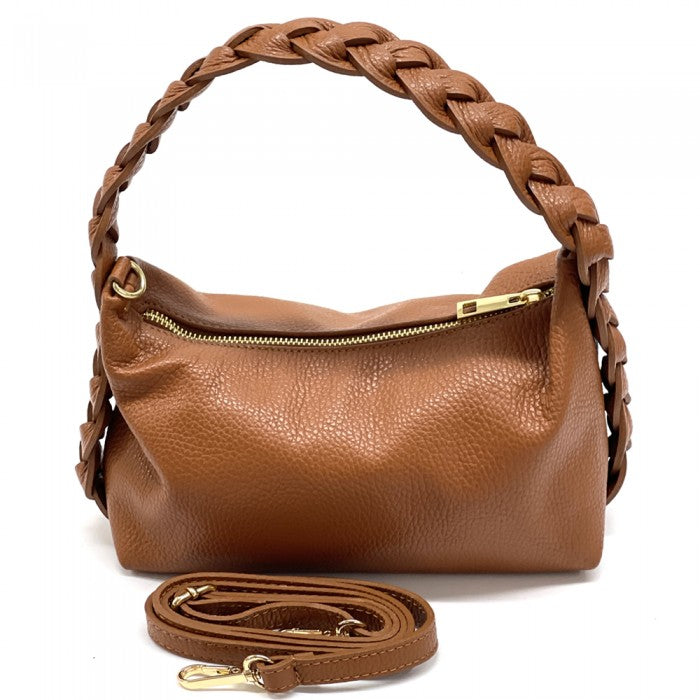 A blue crescent-shaped leather handbag with a single handle and a zipper closure.