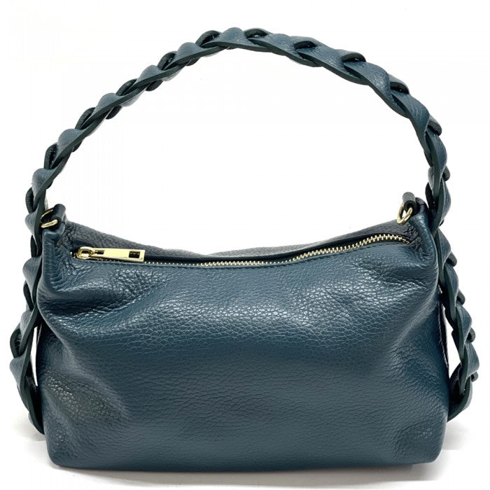 A blue crescent-shaped leather handbag with a single handle and a zipper closure.