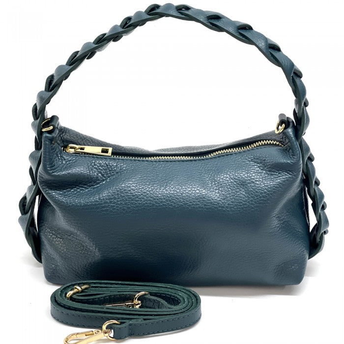 A blue crescent-shaped leather handbag with a single handle and a zipper closure.