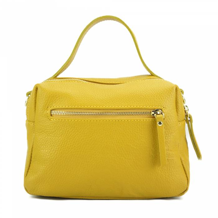Yellow leather handbag with a zipper closure and metallic pieces, with both a shoulder strap and handle.