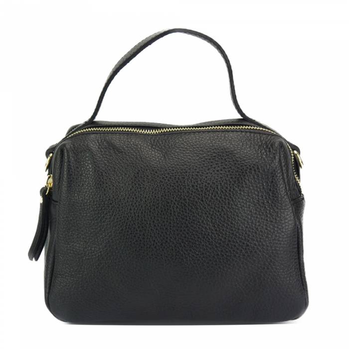 Black calfskin leather handbag with a zipper closure and golden color metallic details. The bag features a hand carry option and a shoulder strap.