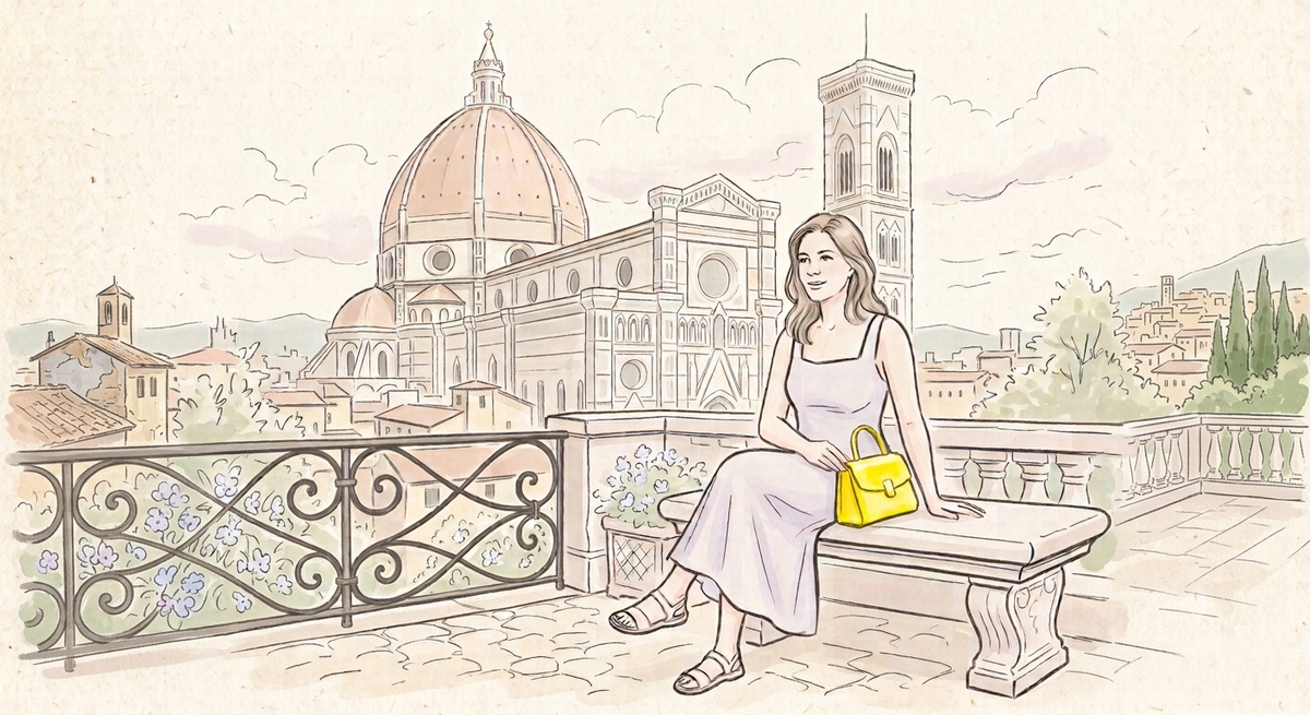 A woman in a white dress sits on a stone bench holding a bright yellow handbag, with a scenic illustration of Florence's cathedral and dome in the background.