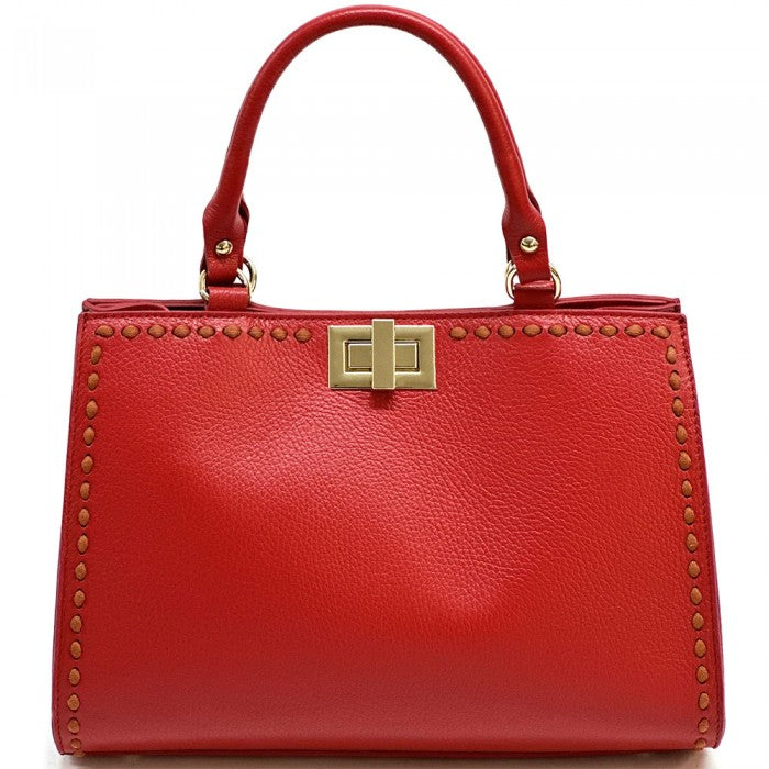 A red Clizia leather handbag with detailed patterns and a structured design, displayed against a plain background.
