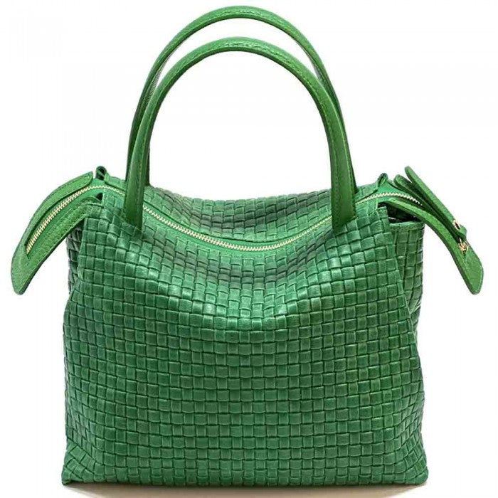 A green cow leather handbag with a woven pattern, featuring dual handles and a shoulder strap.