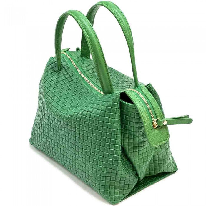 A green cow leather handbag with a textured pattern, showing the bag&