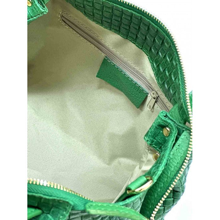 A green cow leather handbag with a textured pattern, showing the bag&