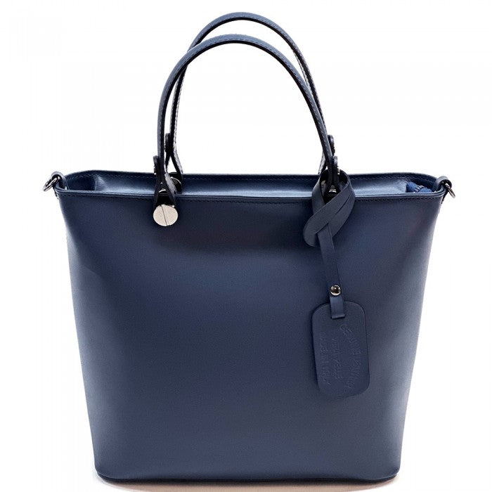 A navy blue leather tote bag with two handles and a detachable shoulder strap.