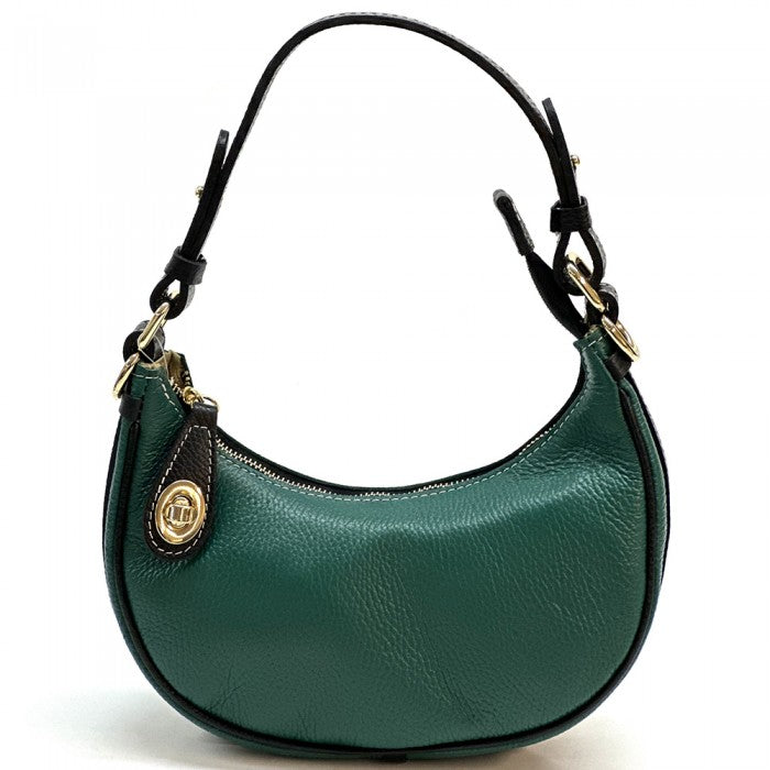 A green Noemi leather handbag with a pebble-grain texture, featuring a crescent shape, vintage brass hardware, a detachable shoulder strap, and a top handle.