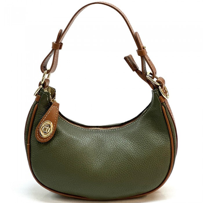 A green Noemi leather handbag with a pebble-grain texture, featuring a crescent shape, vintage brass hardware, a detachable shoulder strap, and a top handle.