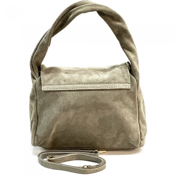 A beige suede leather handbag with a shoulder strap and a roomy compartment, crafted with premium-quality Italian suede leather.