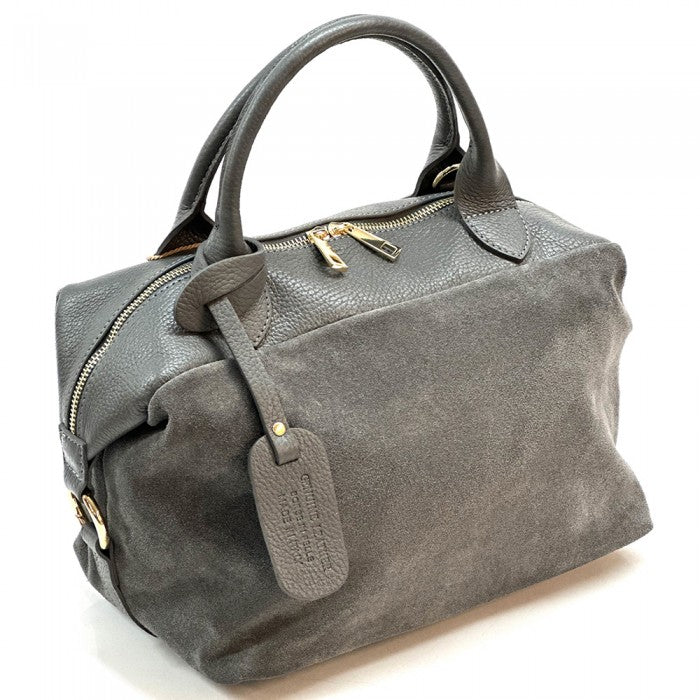 A Light black leather Boston bag with dual top handles and a detachable shoulder strap.