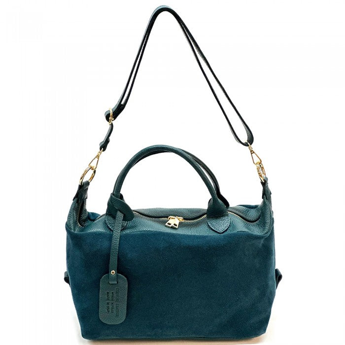 A Emma Leather Boston Bag with suede texture and black leather trimmings, featuring dual top handles and a detachable shoulder strap.