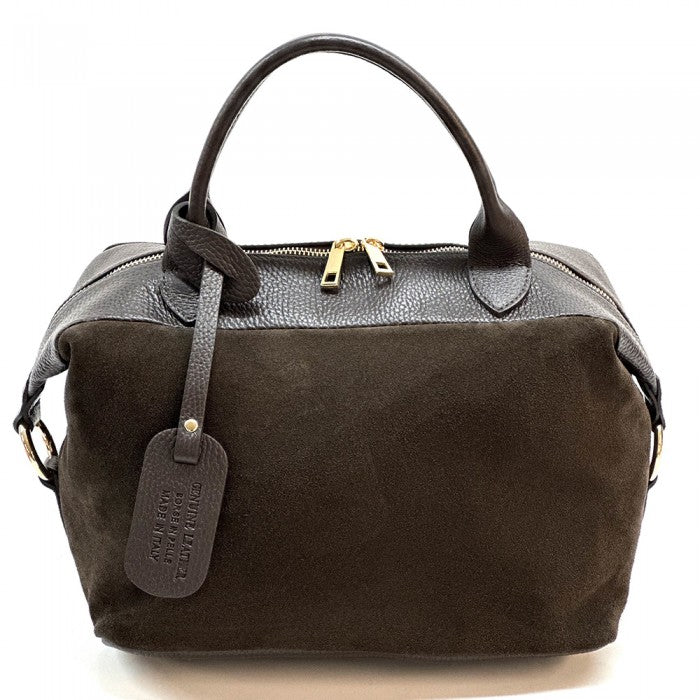 A Emma Leather Boston Bag with suede texture and black leather trimmings, featuring dual top handles and a detachable shoulder strap.