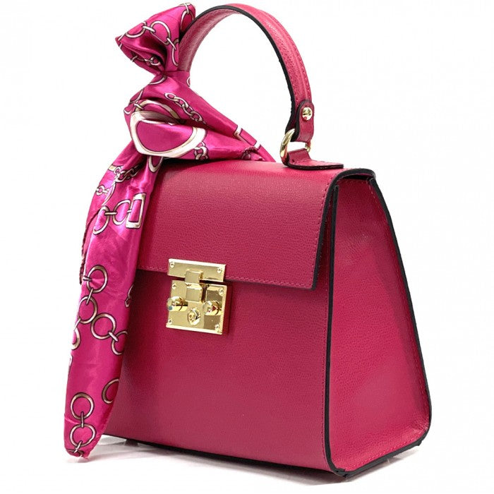 A Bella Mini Tote handbag with a silk scarf wrapped around the handle, featuring a gold-tone twist lock and a detachable shoulder strap.