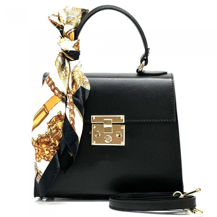 A Black Bella Mini Tote handbag with a silk scarf wrapped around the handle, featuring a gold-tone twist lock and a detachable shoulder strap.