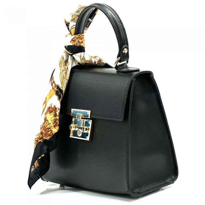 A Black Bella Mini Tote handbag with a silk scarf wrapped around the handle, featuring a gold-tone twist lock and a detachable shoulder strap.