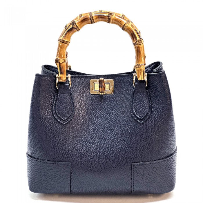 A Blue Fabrizia small leather handbag with bamboo handles and a front pocket detail.