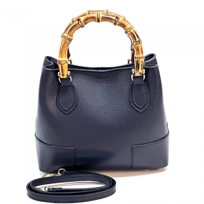 A Blue Fabrizia small leather handbag with bamboo handles and a front pocket detail.