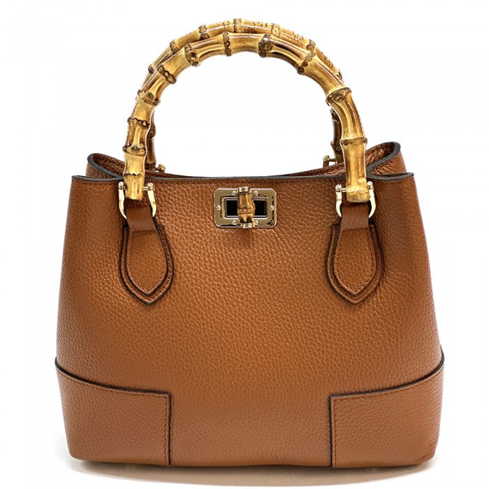 A Fabrizia small leather handbag with bamboo handles and a front pocket detail.