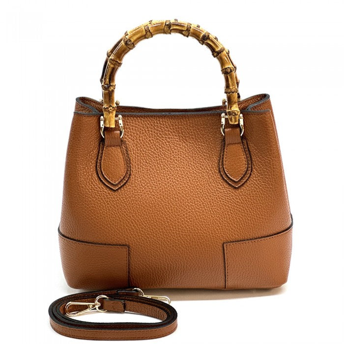 A Blue Fabrizia small leather handbag with bamboo handles and a front pocket detail.