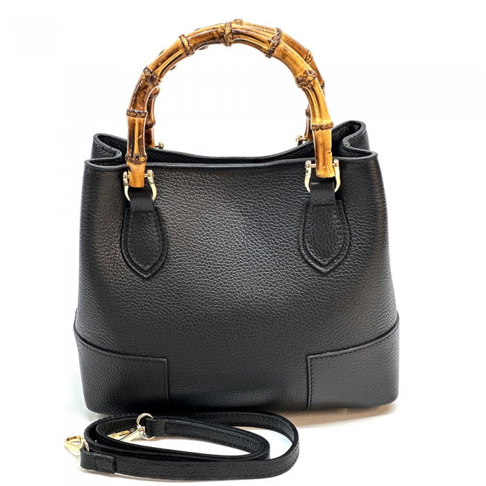 A Black Fabrizia small leather handbag with bamboo handles and a front pocket detail.