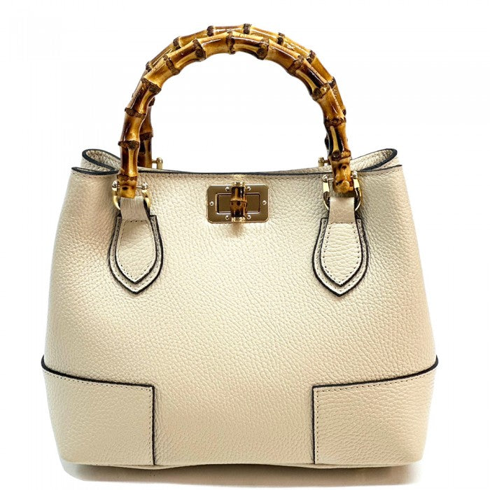 A Fabrizia small leather handbag with bamboo handles and a front pocket detail.