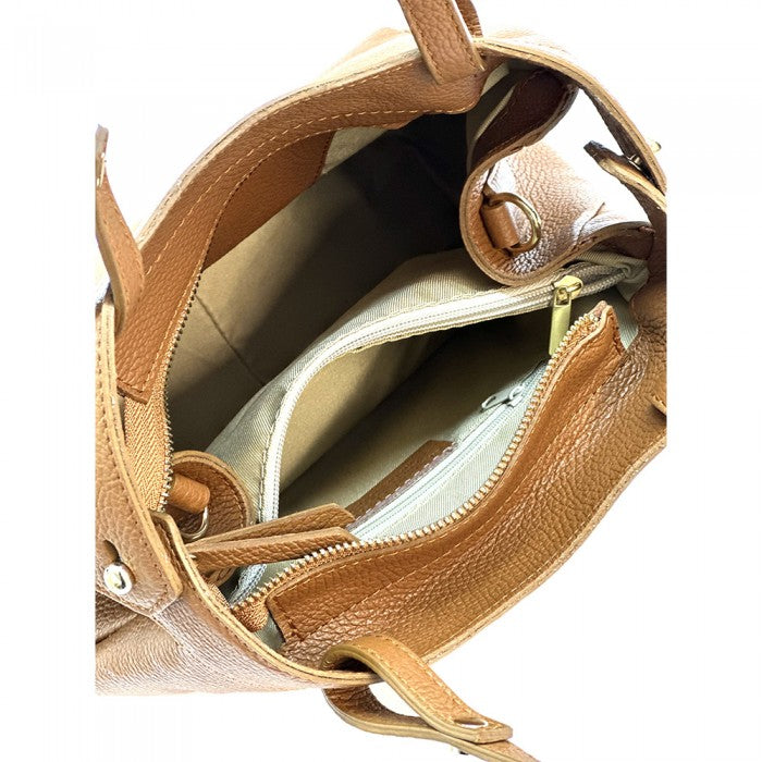 A brown Siena handbag made of premium Italian leather, featuring a structured silhouette with soft curves and gold-tone hardware, designed for both casual and formal settings.
