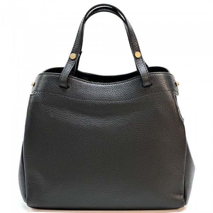A black Siena handbag made of premium Italian leather, featuring a structured silhouette with soft curves and gold-tone hardware, designed for both casual and formal settings.