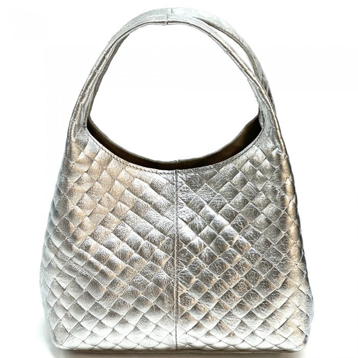 A quilted Italian leather hobo bag with a metallic gold finish and a soft, textured surface. It features two handles and a detachable shoulder strap.
