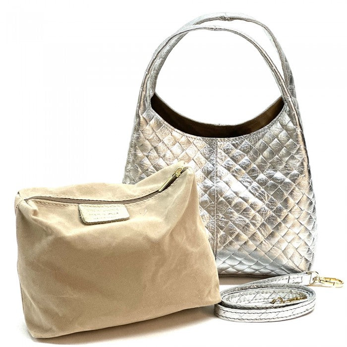 A quilted Italian leather hobo bag with a metallic gold finish and a soft, textured surface. It features two handles and a detachable shoulder strap.