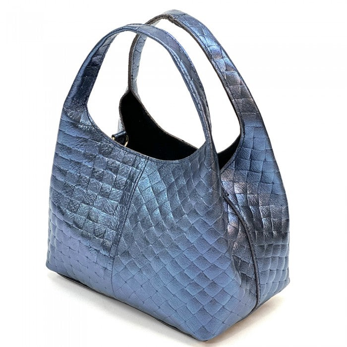 A quilted Italian leather hobo bag with a metallic gold finish and a soft, textured surface. It features two handles and a detachable shoulder strap.