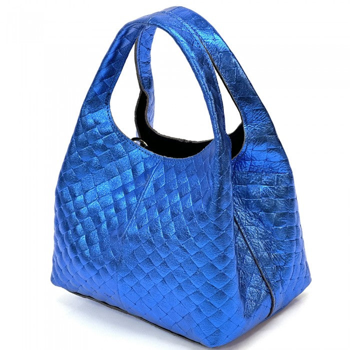 A quilted Italian leather hobo bag with a metallic gold finish and a soft, textured surface. It features two handles and a detachable shoulder strap.
