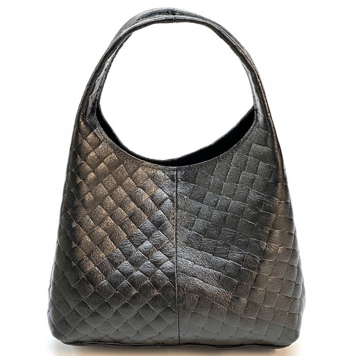 A quilted Italian leather hobo bag with a metallic gold finish and a soft, textured surface. It features two handles and a detachable shoulder strap.