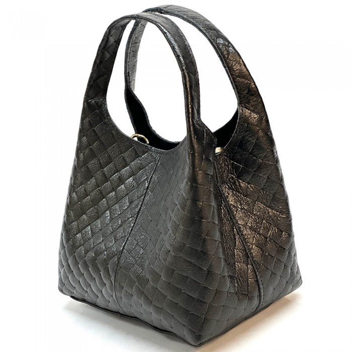 A quilted Italian leather hobo bag with a metallic gold finish and a soft, textured surface. It features two handles and a detachable shoulder strap.