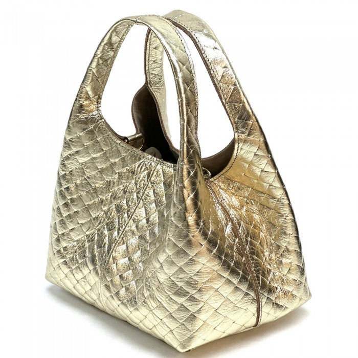 A quilted Italian leather hobo bag with a metallic gold finish and a soft, textured surface. It features two handles and a detachable shoulder strap.
