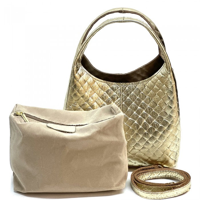 A quilted Italian leather hobo bag with a metallic gold finish and a soft, textured surface. It features two handles and a detachable shoulder strap.