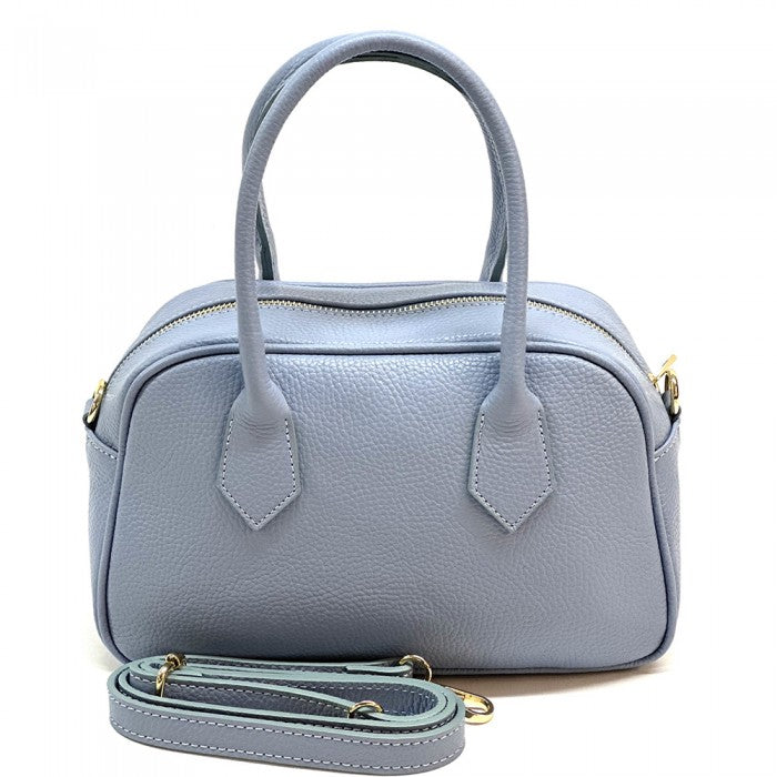A Grey Bella Vita leather handbag with double handles and a zip closure, made from Italian leather.