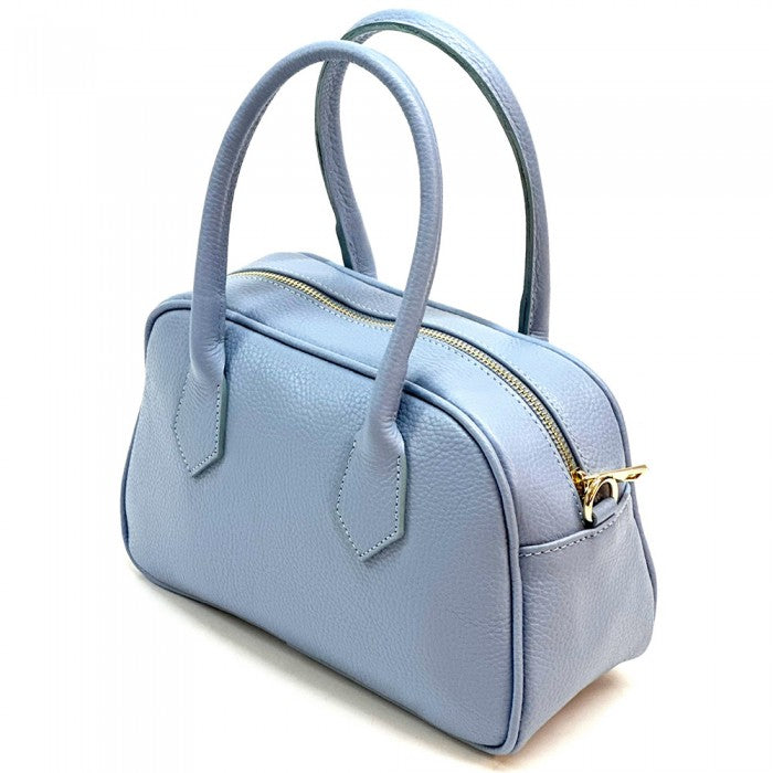 A Grey Bella Vita leather handbag with double handles and a zip closure, made from Italian leather.