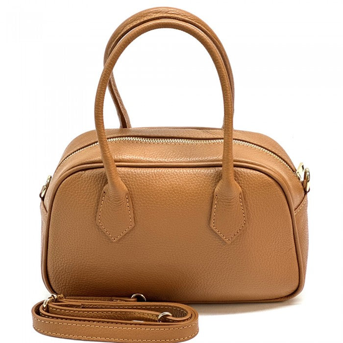 A Brown Bella Vita leather handbag with double handles and a zip closure, made from Italian leather.