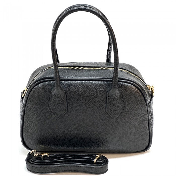 A black Bella Vita leather handbag with double handles and a zip closure, made from Italian leather.